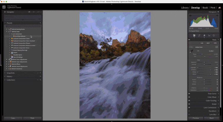 A landscape image being processed in Lightroom using the Rethink Tools presets in the Rethink Landscape Preset pack