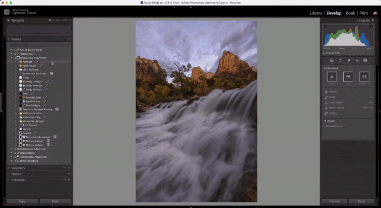 A landscape image being processed in Lightroom using the Rethink Tonal Adjustments presets in the Rethink Landscape Preset pack