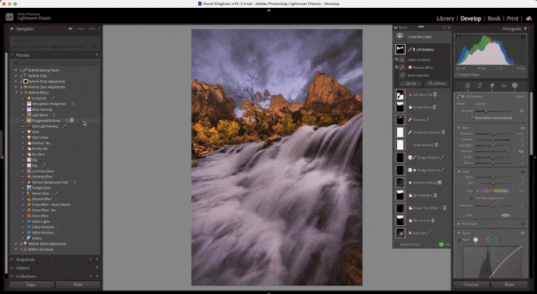 A landscape image being processed in Lightroom using the Rethink Effects presets in the Rethink Landscape Preset pack