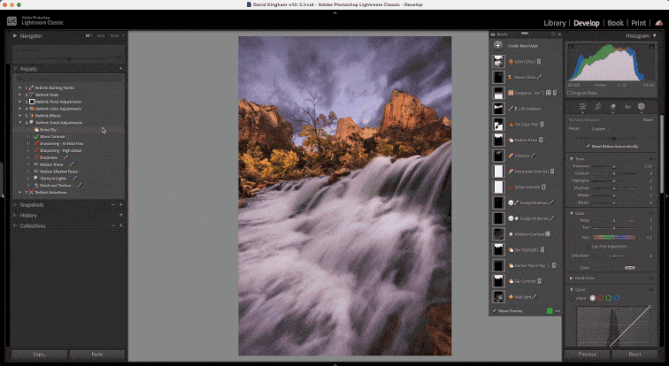 A landscape image being processed in Lightroom using the Rethink Detail Adjustments presets in the Rethink Landscape Preset pack