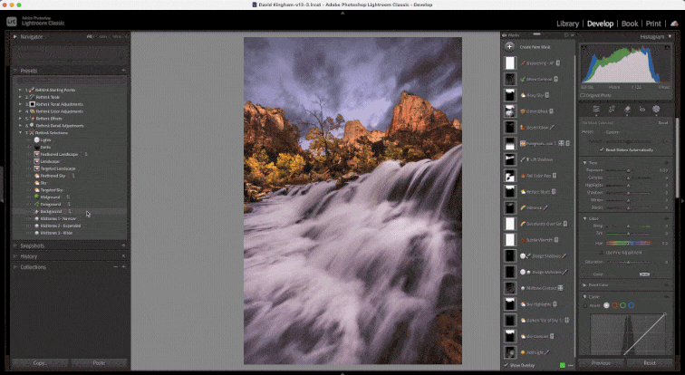 A landscape image being processed in Lightroom using the Rethink Selection presets in the Rethink Landscape Preset pack